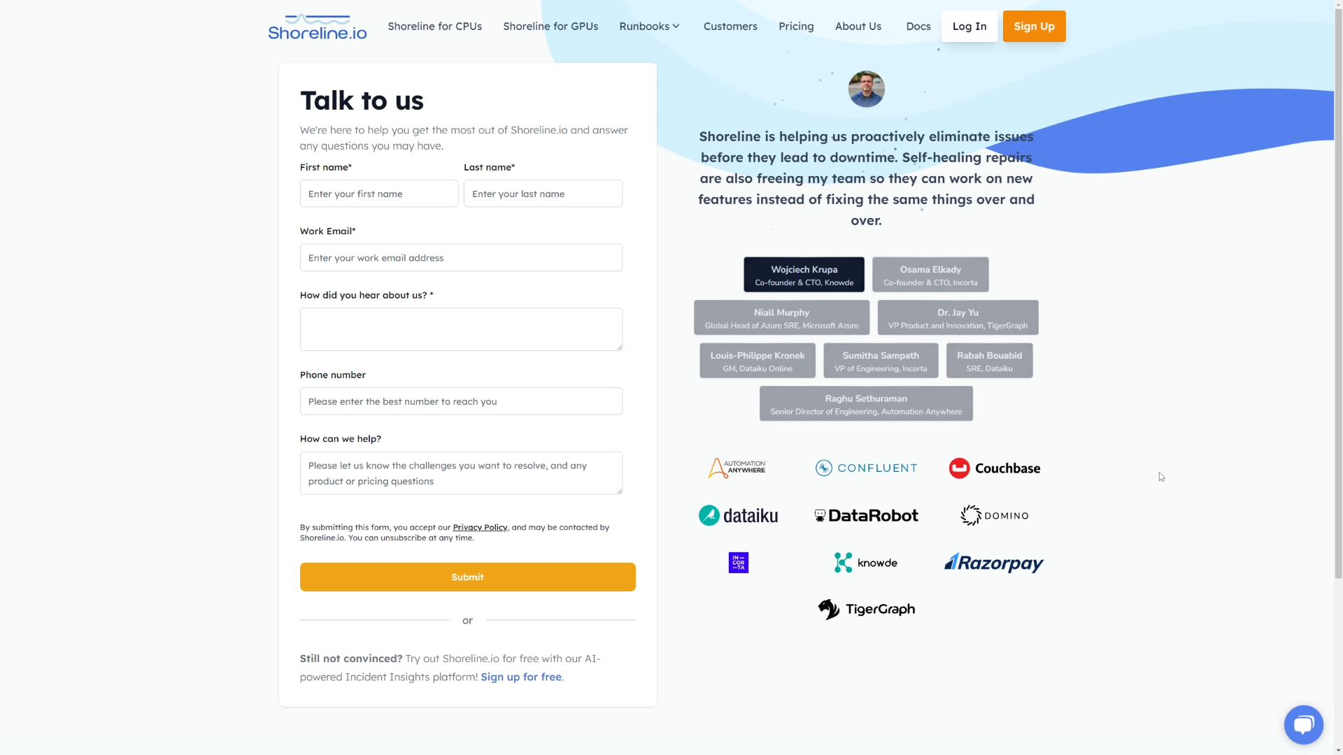 Talk to Us page with third-party integration